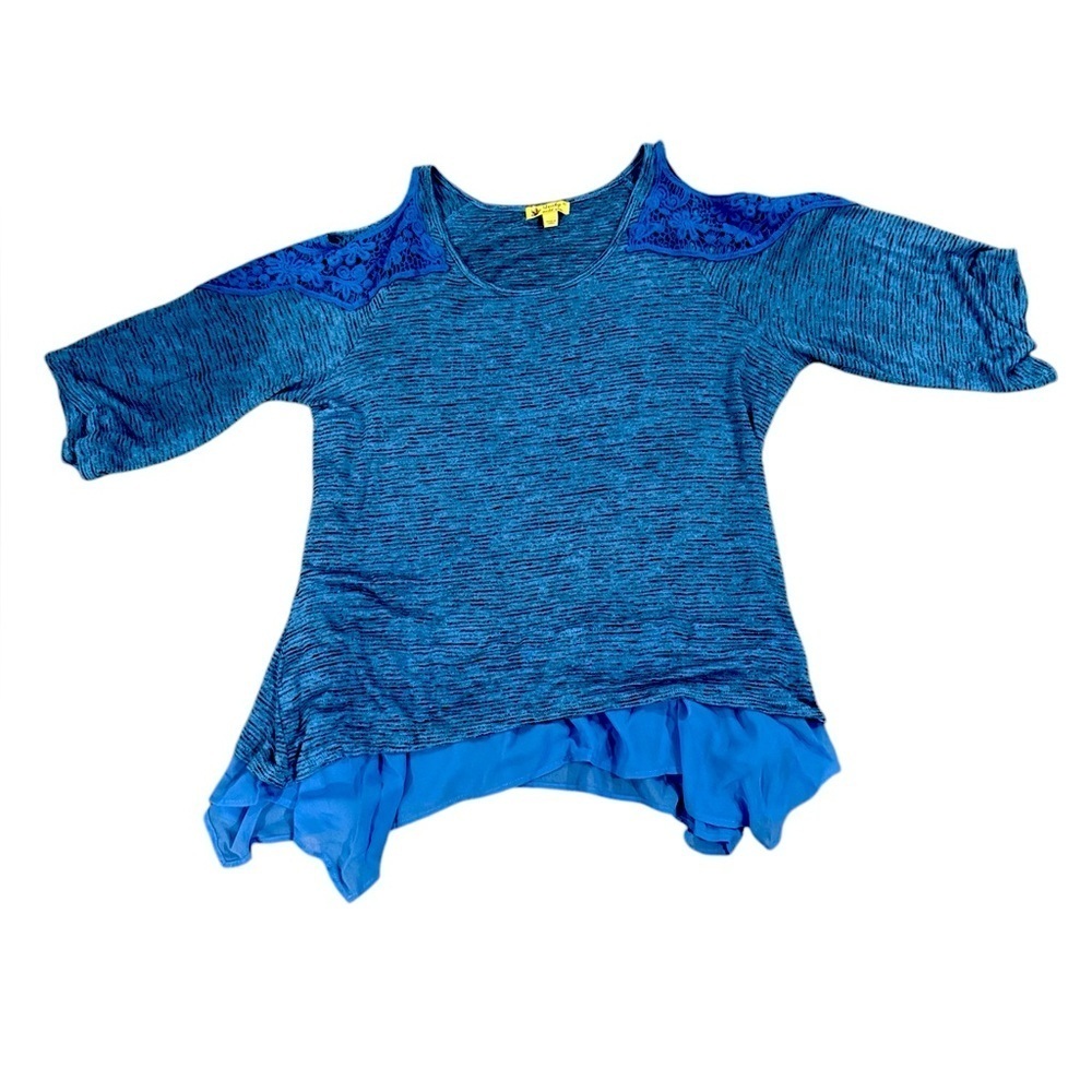 NWT Unity World Wear Blue Cold Shoulder Ruffle Embroidered Top Size 2X.